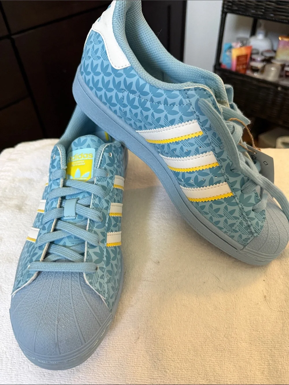 adidas Kids Superstar J Sneakers in Light Blue with White & Yellow